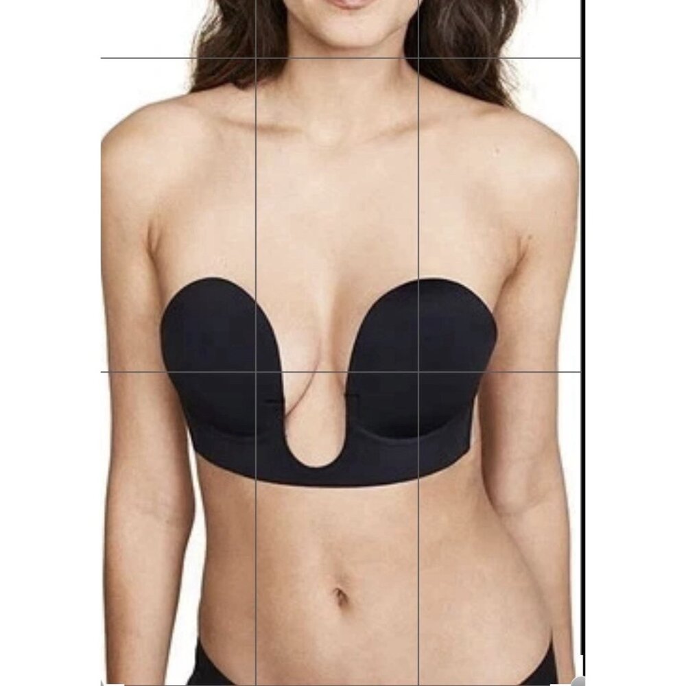 NORDSTROM BACKLESS STRAPLESS BLACK ADHESIVE BRA SIDE TABS PADDED PUSH UP D CUP